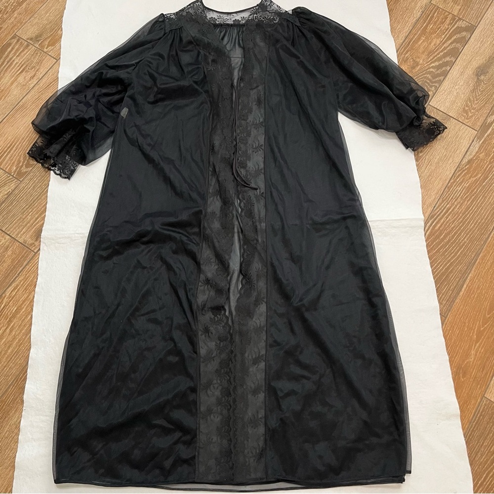 Vintage Texsheen Long Black Lace Sheer Robe Lingerie